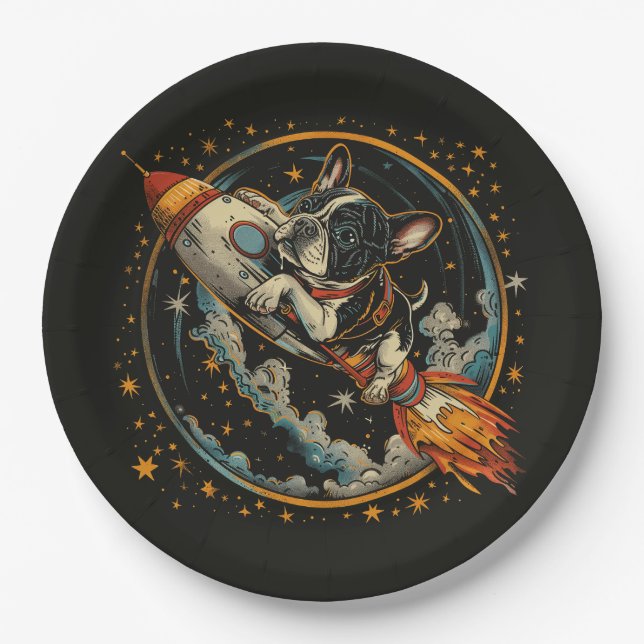 Rocket Ship French Bulldog Astronaut Paper Plates (Front)