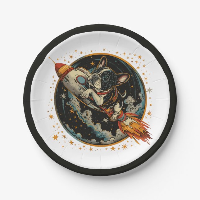 Rocket Ship French Bulldog Astronaut Paper Plates (Front)