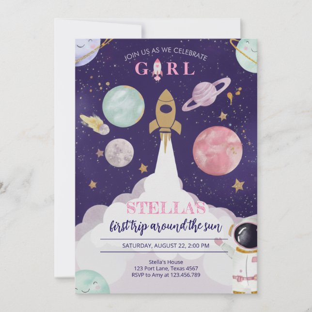 Rocket Ship Galaxy Birthday Invitation For Girls (Front)