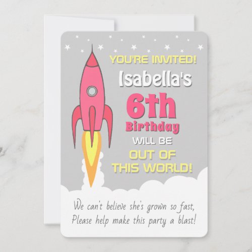 Rocket Ship Girls Outer Space Birthday Invitation