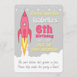 Rocket Ship Girls Outer Space Birthday Invitation
