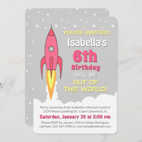 Rocket Ship Girls Outer Space Birthday Invitation