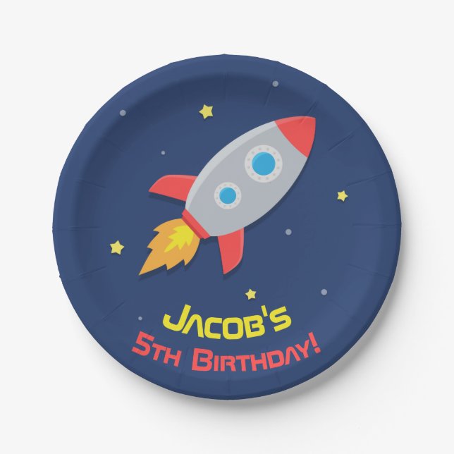 Rocket Ship in Outer Space Birthday Party Supplies Paper Plates (Front)