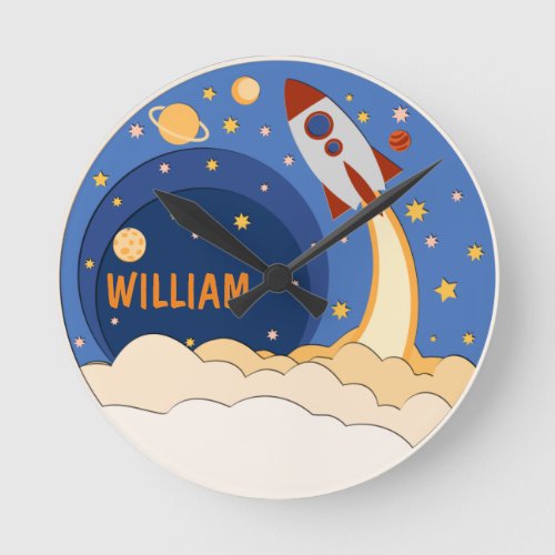 Rocket ship In Space Cute Personalized Nursery Round Clock