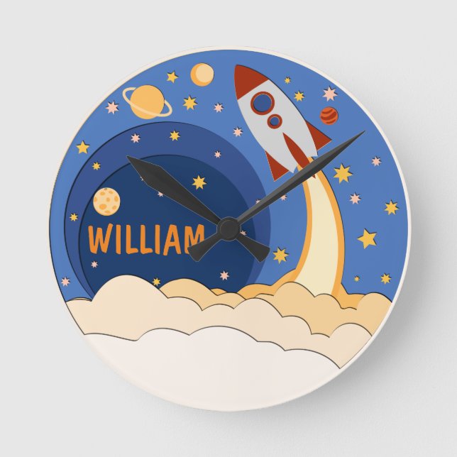 Rocket ship In Space Cute Personalized Nursery Round Clock (Front)
