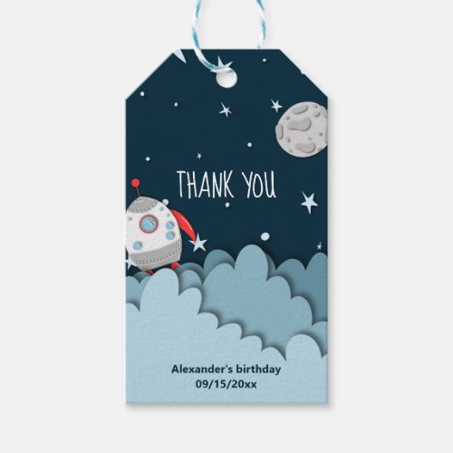 Rocket Ship Launch Dark Space Thank You Birthday Gift Tags