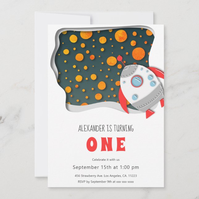 Rocket Ship Orange Planets First Birthday  Invitat Invitation (Front)