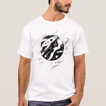 Rocket Ship Orbiting Universe Planet Black White T-shirt by PNGDesign at Zazzle