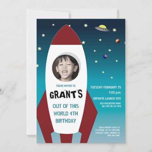 Rocket Ship Out of this World photo Birthday Invitation