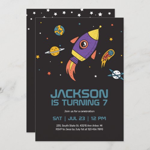 Rocket Ship Outer Space Galaxy Kids Birthday Invitation