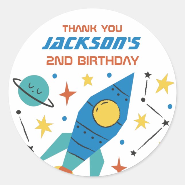 Rocket Ship Outer Space Kids Birthday Party Classic Round Sticker (Front)