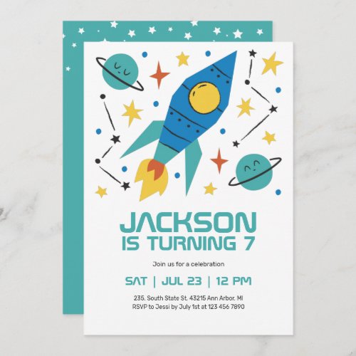 Rocket Ship Outer Space Party Kids Birthday Invitation