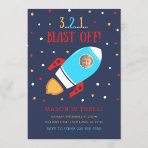 Rocket Ship Outer Space Photo Birthday Invitations