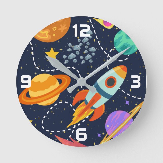 Rocket Ship Outer Space Planets Astronaut Nursery Round Clock (Front)