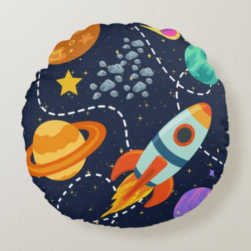 Rocket Ship Outer Space Planets Sci Fi Room Decor Round Pillow