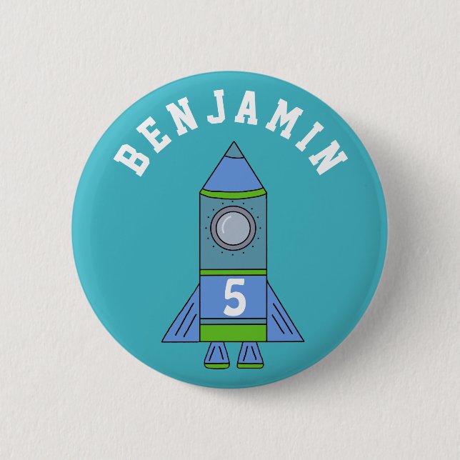 Rocket Ship Personalizable Blue Birthday Button (Front)