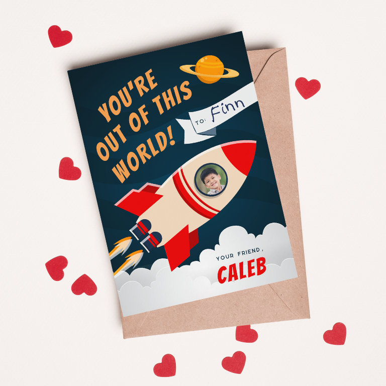 Rocket Ship Photo Classroom Valentine&#39;s                    Day Card