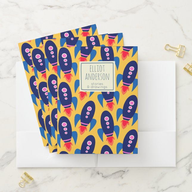 Rocket Ship Space Pattern Personalized Name Pocket Folder (In Situ)
