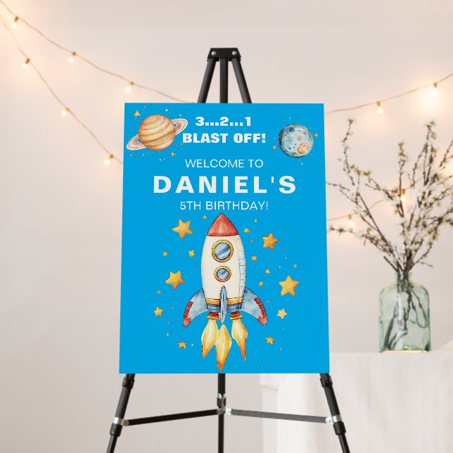 Rocket Ship Space Theme Birthday Welcome Sign (In Situ (Stand))
