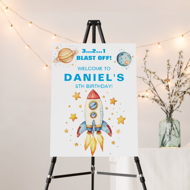 Rocket Ship Space Theme Birthday Welcome Sign (In Situ (Stand))