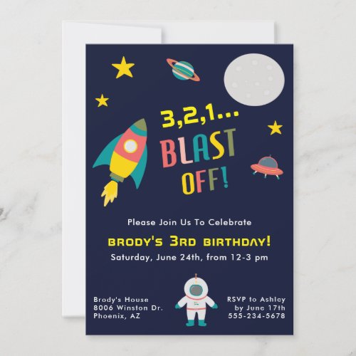 Rocket Ship Space Themed Birthday Party Invitation