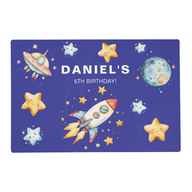Rocket Ship Space-Themed Custom Birthday Party Placemat (Front)