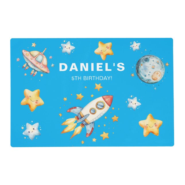 Rocket Ship Space-Themed Custom Birthday Party Placemat (Front)