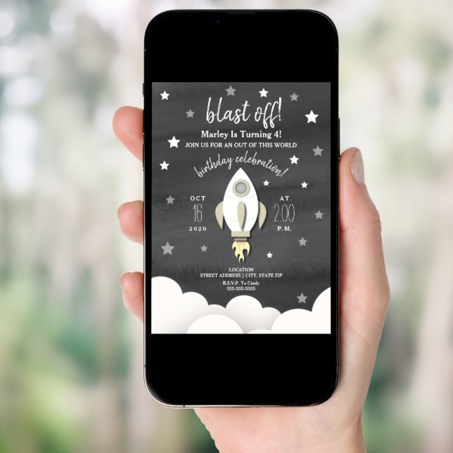Rocket Ship + Stars Neutral Birthday Party Invitation (Front Digital)
