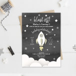 Rocket Ship   Stars Neutral Birthday Party Invitation<br><div class="desc">A kids birthday invitation featuring a dark gray watercolor inspired background with white text surrounded by stars and illustrations of white rocket ship and clouds.  Personalize with details of your occasion.</div>