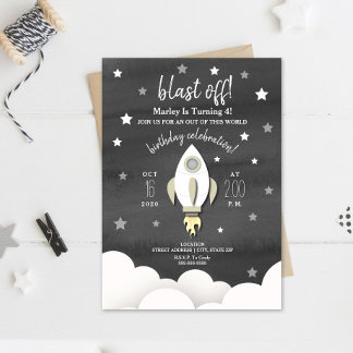 Rocket Ship   Stars Neutral Birthday Party Invitation