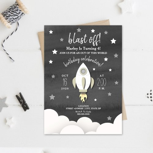 Rocket Ship  Stars Neutral Birthday Party Invitation