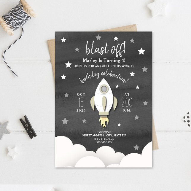 Rocket Ship + Stars Neutral Birthday Party Invitation (Creator Uploaded)