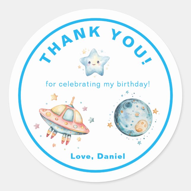 Rocket Ship Thank You Outer Space Birthday Classic Round Sticker (Front)
