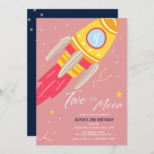 Rocket Ship Two the Moon  2nd Birthday  Invitation