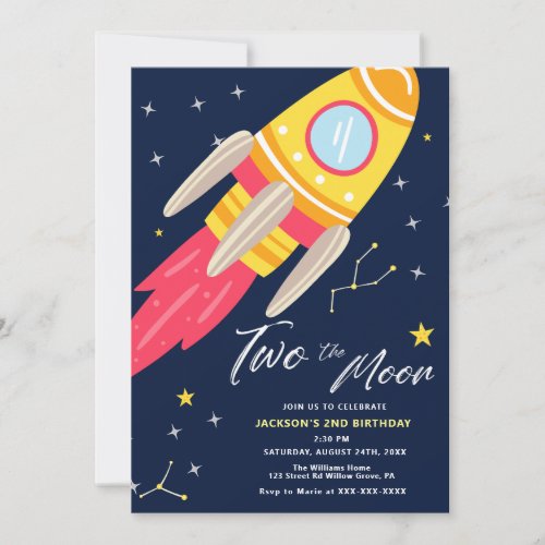 Rocket Ship Two the Moon  2nd Birthday  Invitation