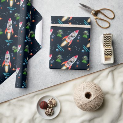 Rocket Space 2nd Birthday | Huge Two Photo Collage Wrapping Paper