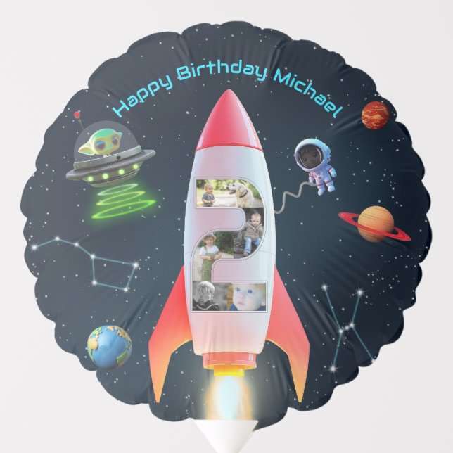 Rocket Space 2nd Birthday | Photo Collage Huge Two Balloon (Front)