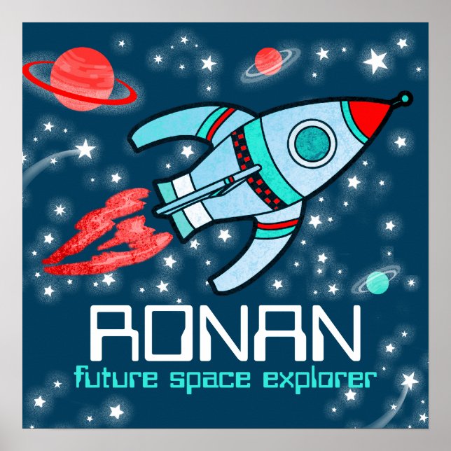 Rocket space boys blue red personalized poster (Front)