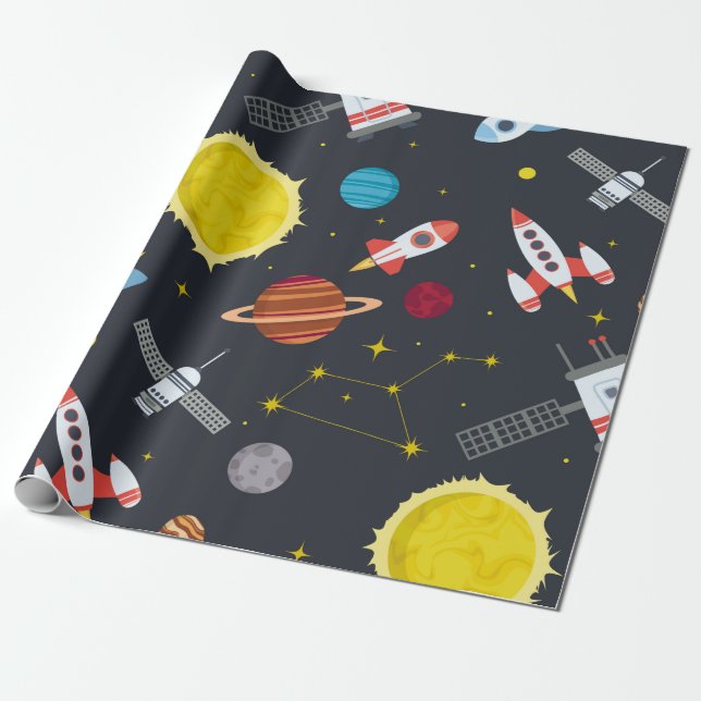Rocket space globe solar system and planet cosmos  wrapping paper (Unrolled)