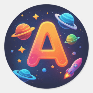 🌌 Rocket Space Letter A Stars Planets Kids 🌌 Classic Round Sticker