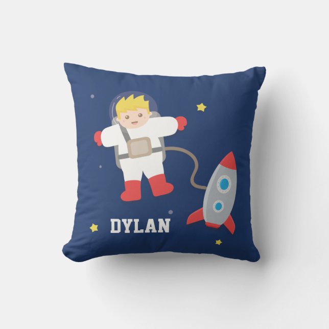 Rocket Space Little Blonde Astronaut Boys Room Throw Pillow (Front)