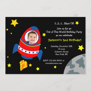 Rocket Space Ship Photo Birthday Party Invitations