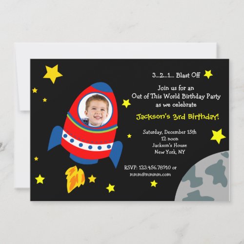Rocket Space Ship Photo Birthday Party Invitations