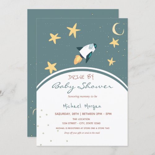 Rocket Space Stars Drive By Baby Shower Invitation