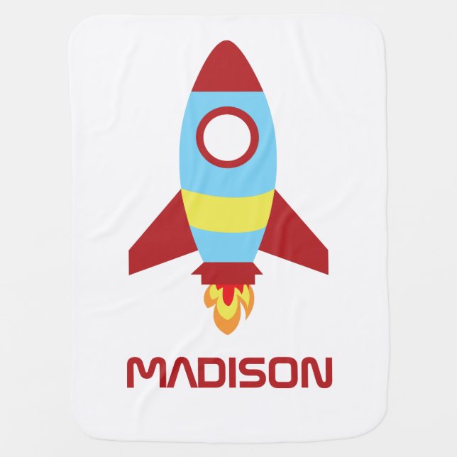 Rocket Spaceship Launching Custom Name Baby Blanket (Front)