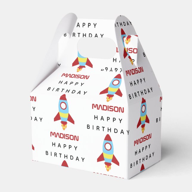 Rocket Spaceship Launching Custom Name Birthday  Favor Boxes (Front Side)