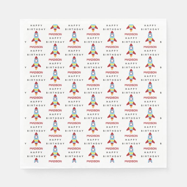 Rocket Spaceship Launching Custom Name Birthday Napkins (Front)