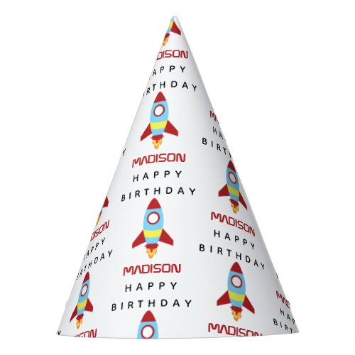 Rocket Spaceship Launching Custom Name Birthday Party Hat