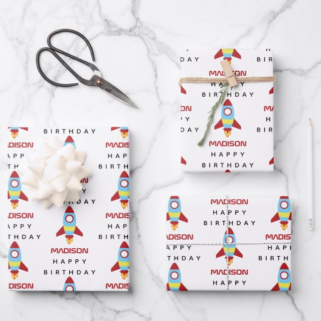 Rocket Spaceship Launching Custom Name Birthday Wrapping Paper Sheets (Front)