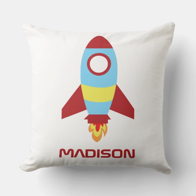 Rocket Spaceship Launching Custom Name Throw Pillow (Front)